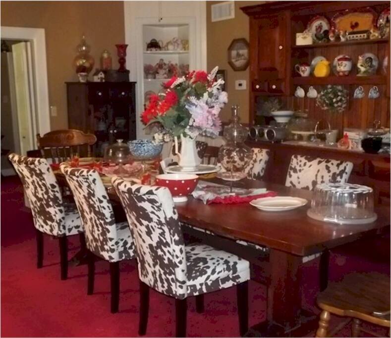 Our dining room is open 24 hours for your convenience with beverages and snacks. Our faux cowhide chairs.