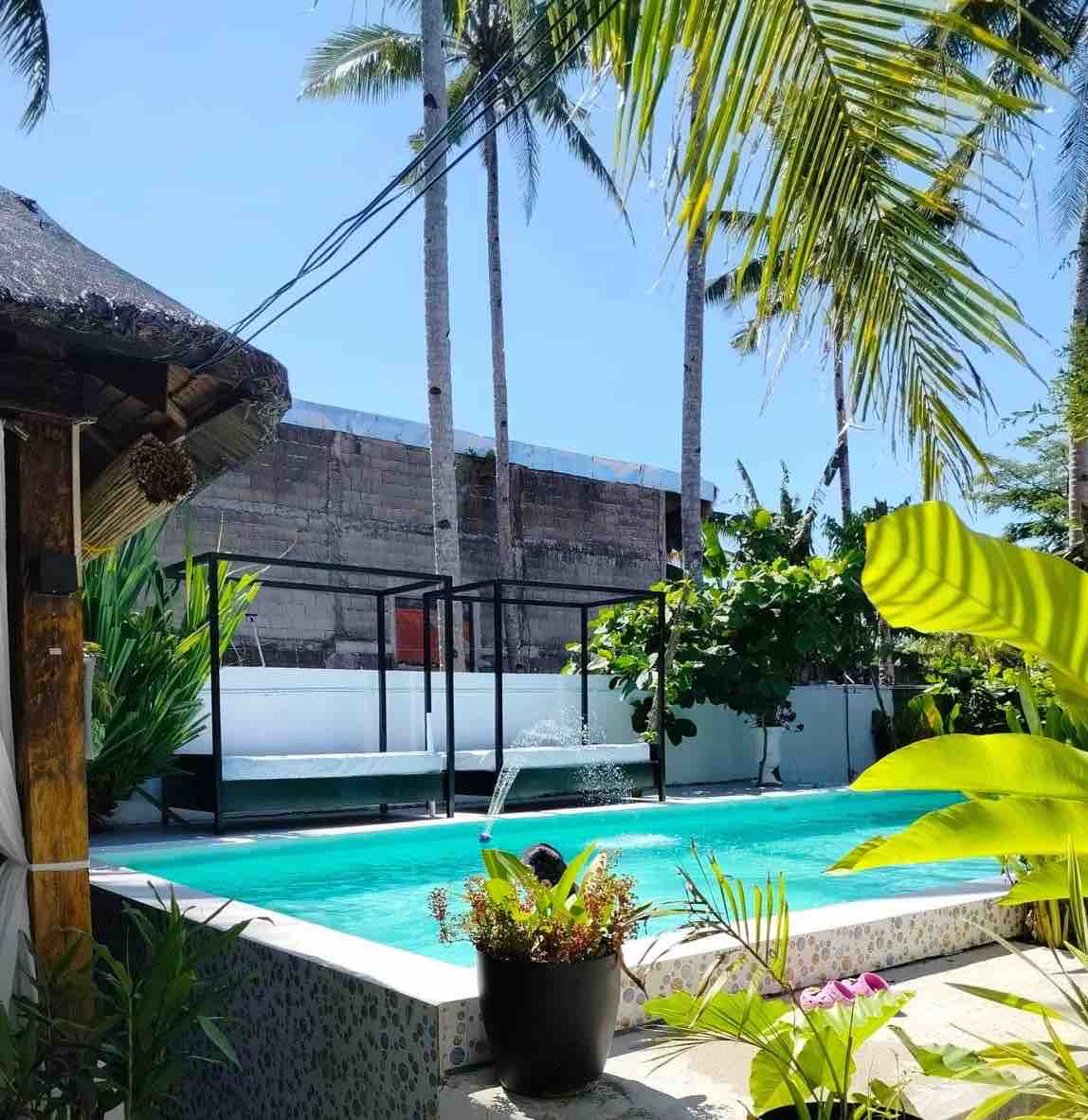 A clear swimming pool is framed by tropical greenery and tall palm trees under a bright blue sky. A small water feature adds a soothing element to the serene atmosphere, while vibrant plants are placed in planters around the pool area.
