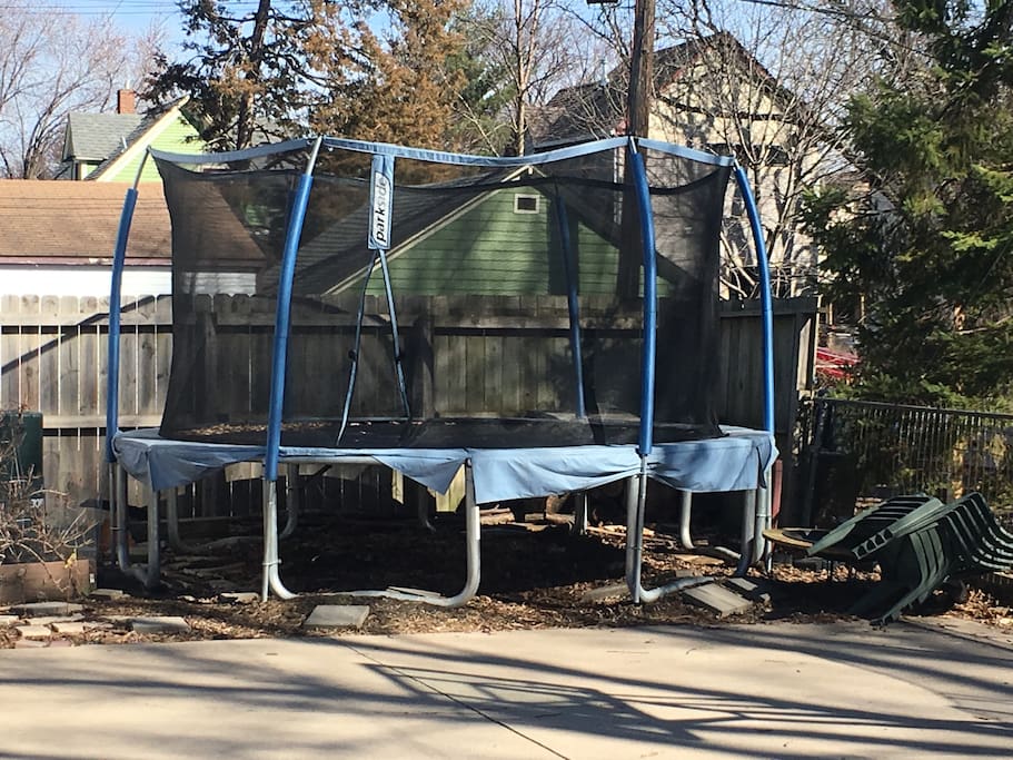 Basketball court and trampoline!