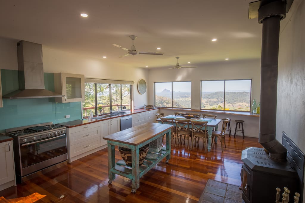 Kitchen and dining room with fire place