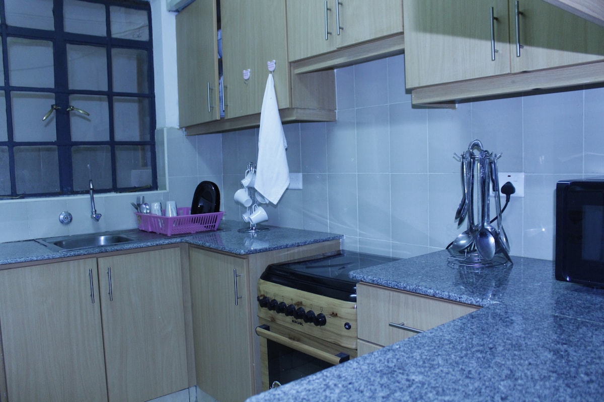 The kitchen is equipped with wood cabinetry and a granite countertop. A stove with gas burners is positioned beneath the countertop. Utensils and a sink are present, along with a dish rack holding several items. Bright overhead lighting enhances the clarity of the space.