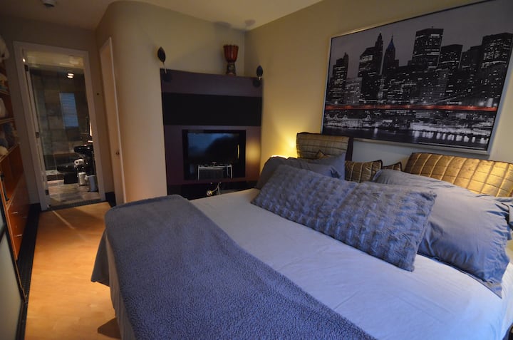 Chumba cha pili cha kulala kilicho na kitanda cha King cha kustarehesha, bafu ya chumbani iliyo na nafasi kubwa ya kutembea ndani ya bafu/sauna ya mvuke. Televisheni janja, televisheni ya kebo na kabati ya kuingia ndani. Taa za Halbnb na dimmers. Sakafu ya mbao ngumu iliyong 'arishwa. 
