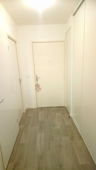 L'entrée avec la chambre à gauche et de grands placards de rangements à droite.
The entrance with the room at left and big closets at right.