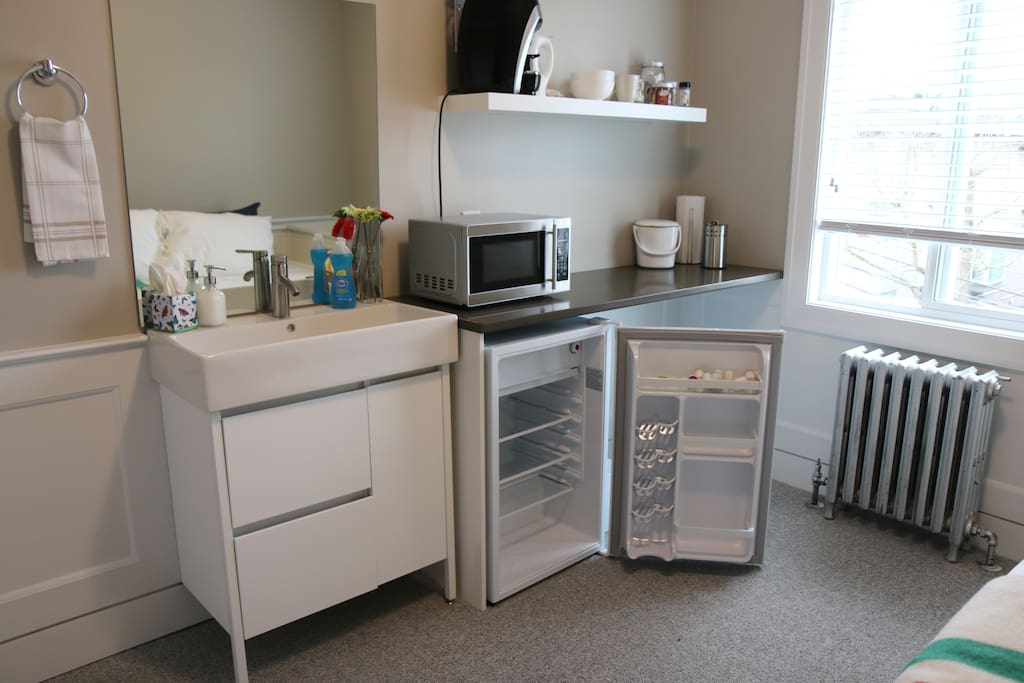 Typical set up with a personal sink, kitchenette that includes a mini-fridge, microwave and utensils.