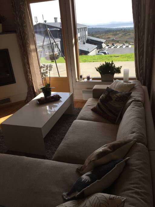 Stor vinkelsofa med dunputer.