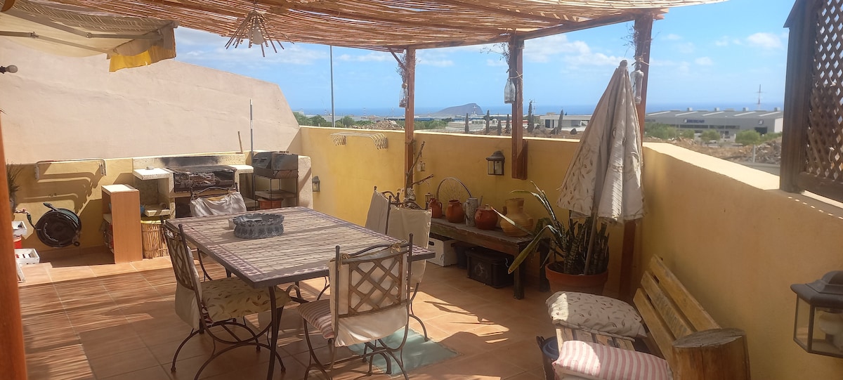 A spacious outdoor terrace is featured, furnished with a large table surrounded by various seating options. A barbecue area is present, and potted plants add greenery. The ocean is visible in the distance under a clear sky, creating an inviting atmosphere for relaxation or meals.