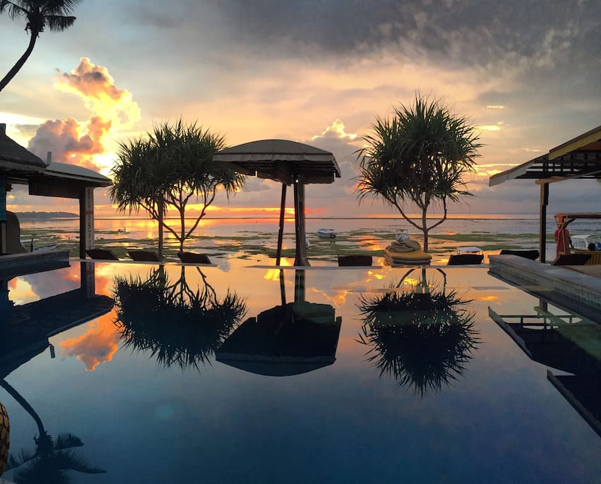Pool area with nice sunset