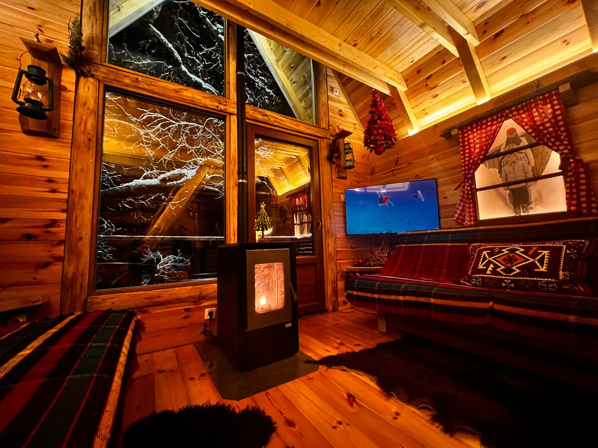 A cozy living area featuring wooden walls and ceiling that create a rustic ambiance. A large window provides a view of trees outside, while a television and a decorative fireplace enhance the warm atmosphere. Comfortable seating options are arranged around the room.