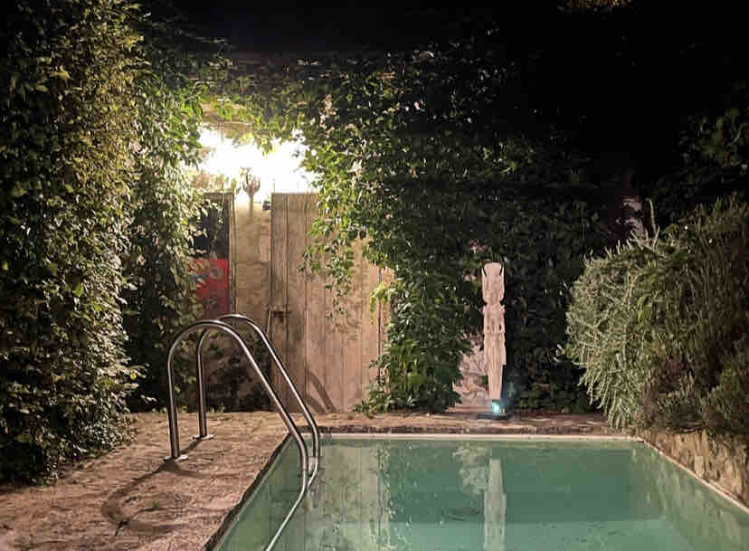 A tranquil pool area is surrounded by lush greenery, with a ladder leading into the calm water. An entrance to a stone building is visible in the background, illuminated softly by warm light. Decorative elements are seen within the vibrant foliage.
