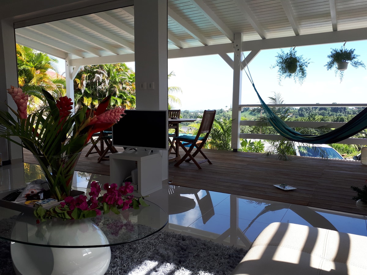 A spacious terrace is visible, furnished with wooden chairs and a hammock. Lush greenery frames the view, while tropical plants adorn the space. A modern coffee table with floral decorations is presented inside, with large glass doors seamlessly connecting indoors to the outdoor area.
