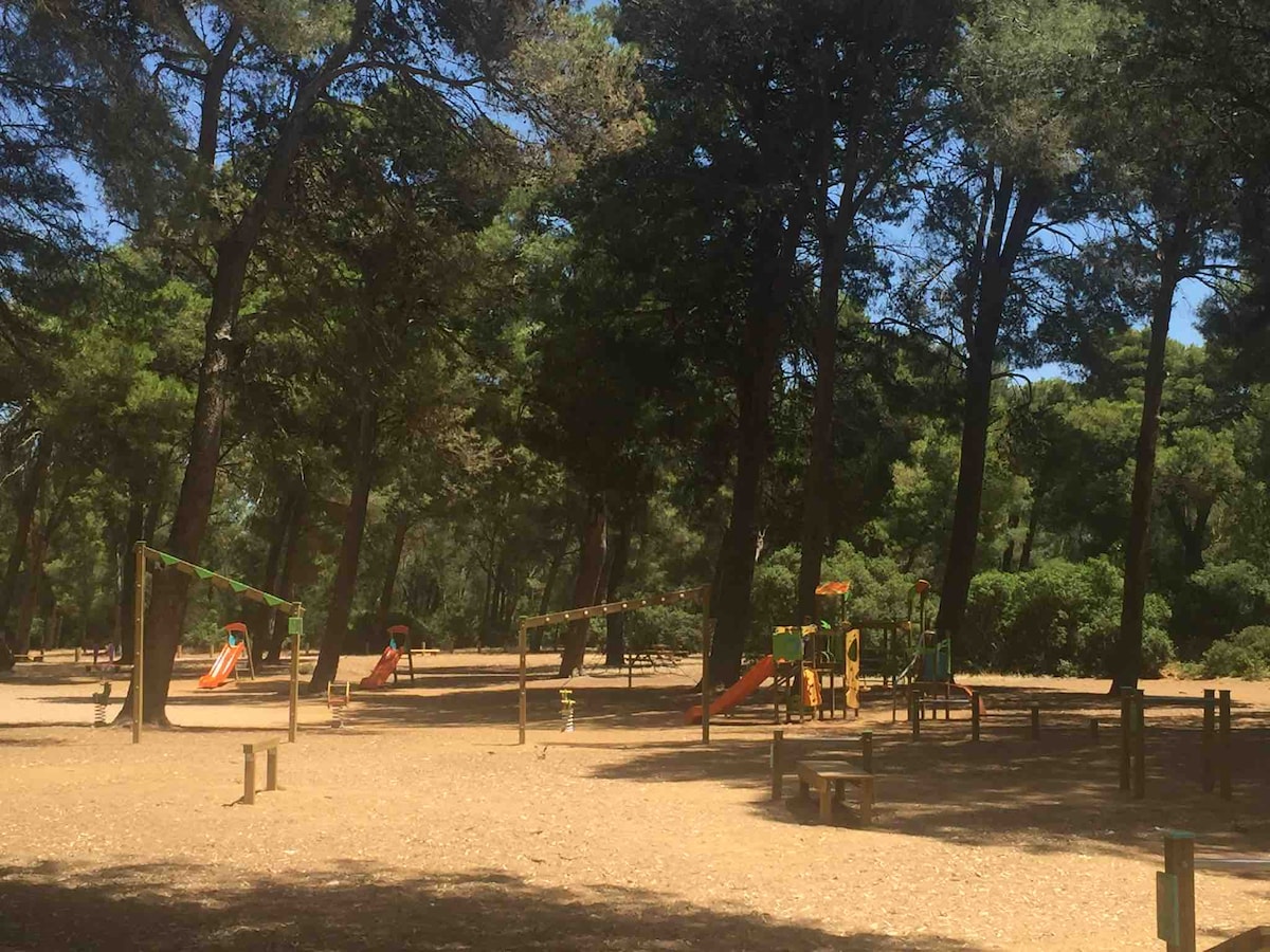A spacious outdoor playground is situated among tall trees, providing shade and a natural setting. Various play structures, including slides and swings, are visible, offering a family-friendly environment. Wooden benches are positioned nearby, allowing for comfortable seating while enjoying the area.