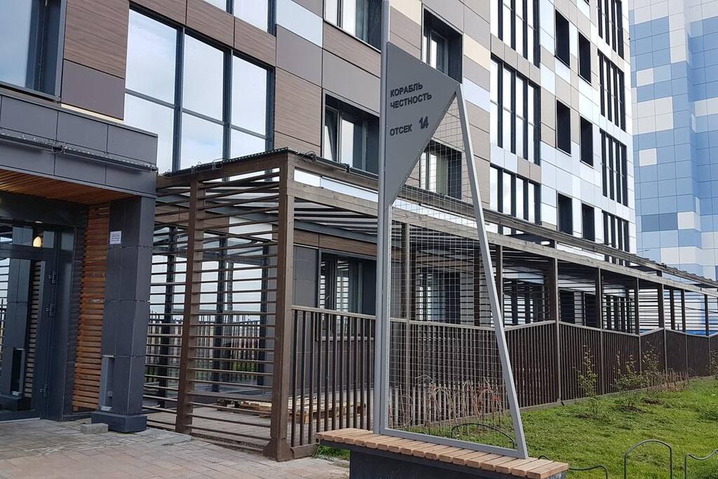 You can find our lovely flat in a brand new building on Vasilievsky Island. Some people say, that the exterior design of this residential blocks is similar to Swedish Malmö.