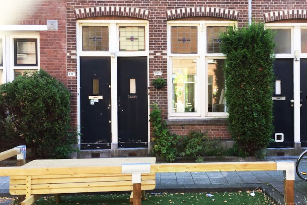 In summer. In stead of parkingplace a lovely extra Terrace