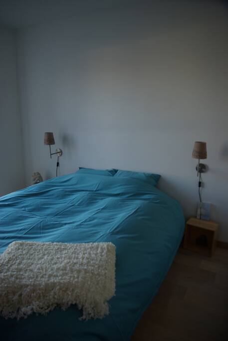 Lit double de 160x200cm, matelas très récent à ressorts, oreillers neufs. Couette en duvet.