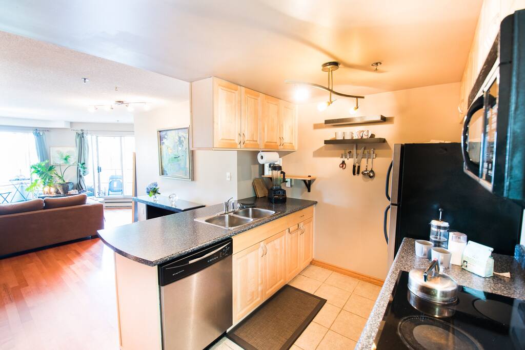Galley kitchen w/ stainless steel appliances, dishwasher, in-sink disposal