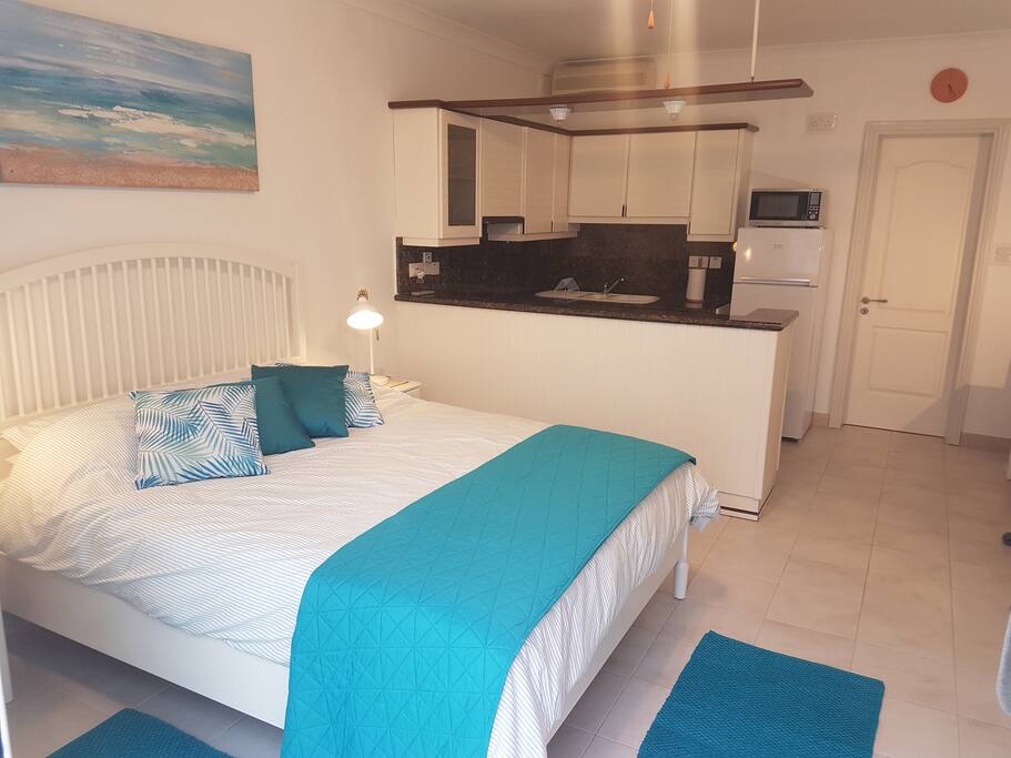 The open plan bedroom and kitchen area with the bathroom beyond.