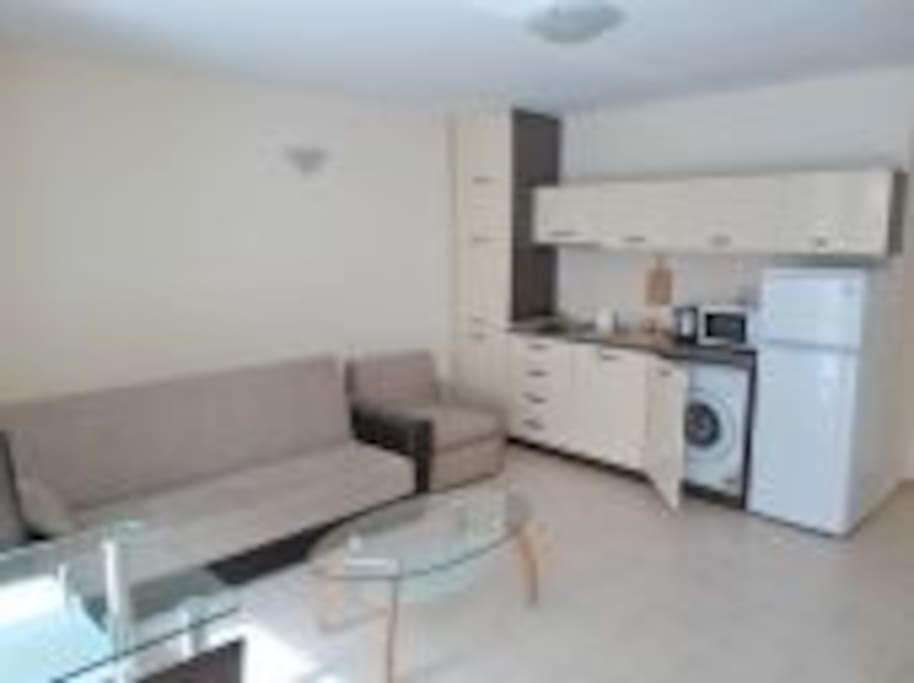 The living room and kitchen