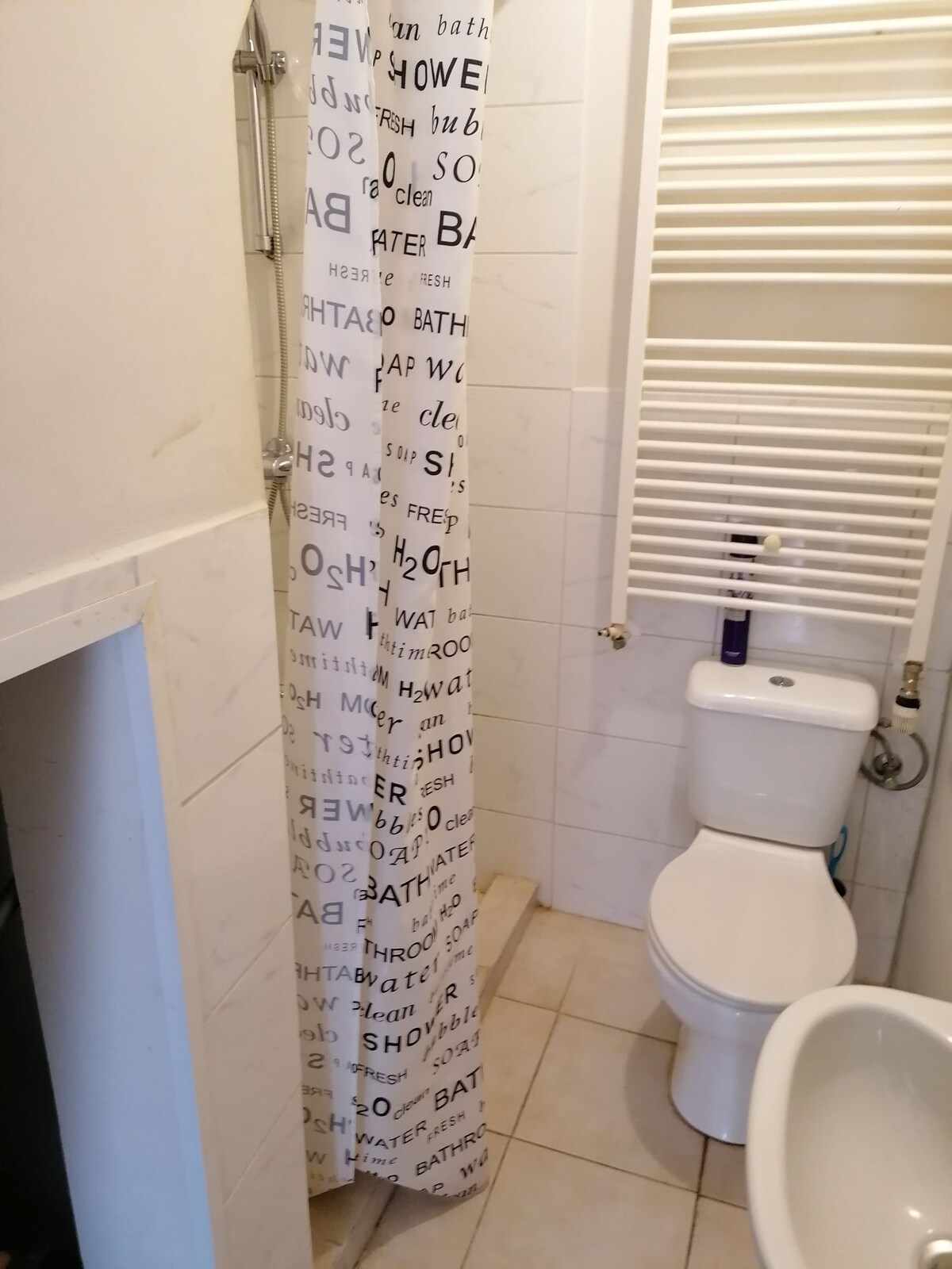 A compact bathroom is featured, showcasing beige tiled flooring and white wall tiles. A shower stall is enclosed by a patterned curtain, while a toilet is positioned beside a modern towel radiator. A small shelf is visible along the wall.