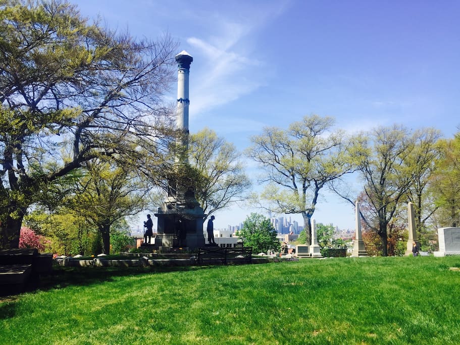 This view is from the highest natural point in Brooklyn, "Battle Hill", just on the other side of the house in one of NY's oldest cemeteries. A great Victorian attraction and site of the Battle of Long Island, where George Washington fought the British. Great views of the Manhattan skyline, the harbor, and the Statue of Liberty. Also one of the most peaceful, beautiful places to stroll.