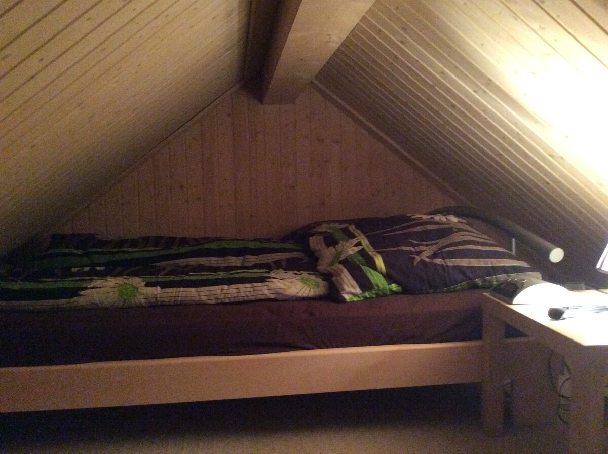 A cozy attic sleeping area features a futon bed dressed in patterned bedding in shades of green and brown. A small bedside table is positioned next to the bed, illuminated by soft light, under a sloped wooden ceiling that enhances the space's charm.