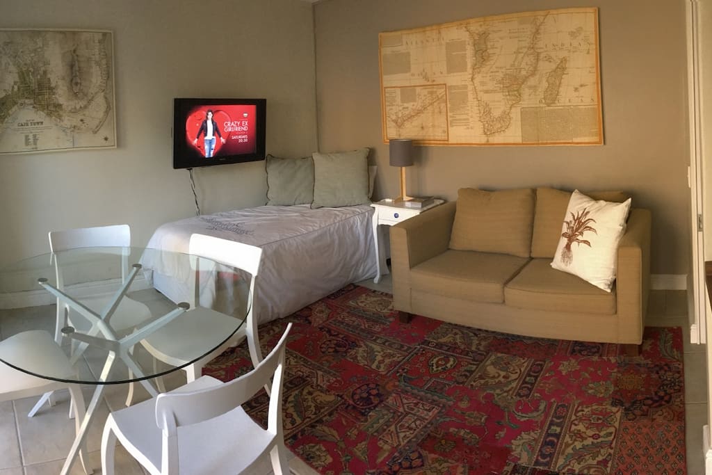The lounge has a single bed and a second bathroom opens off this room.