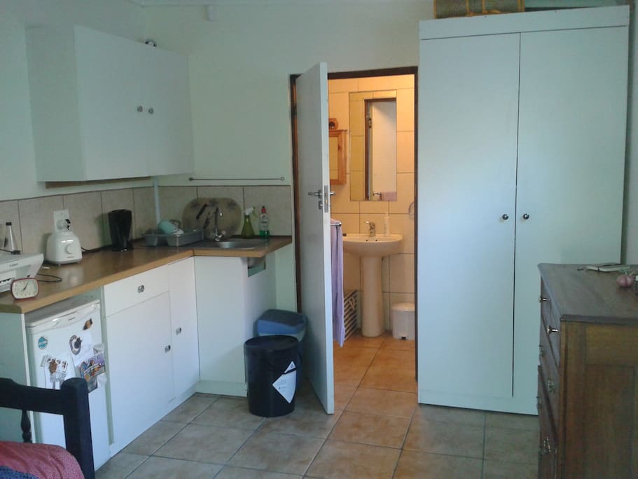 Kitchenette with view into bathroom