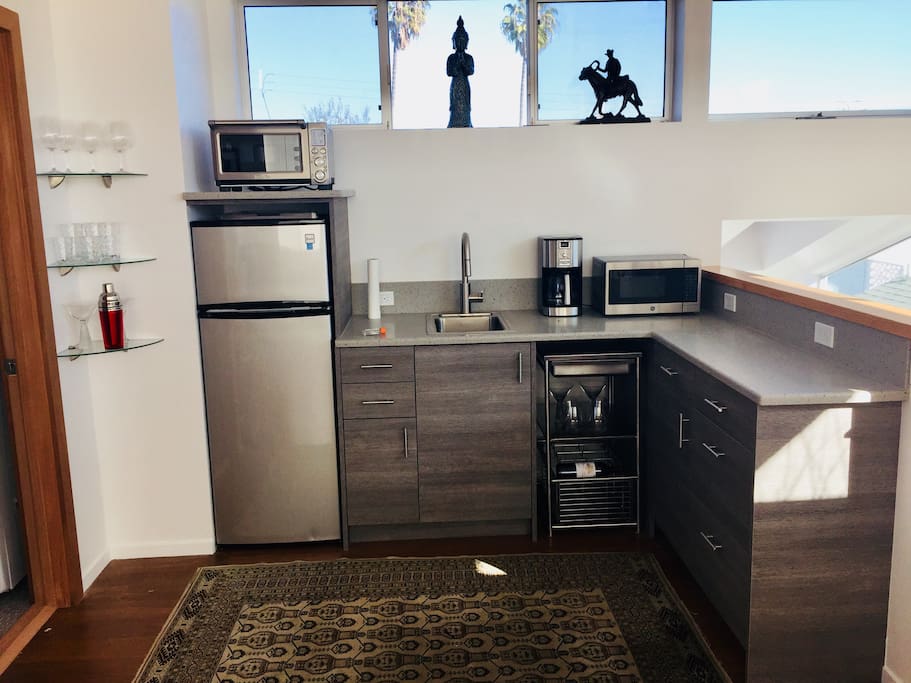 Kitchenette with convection oven and induction cooktop.