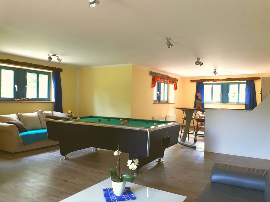 Das Sofa hinter dem Billard bietet eine weitere Schlafmöglichkeit. 1.40 m breit