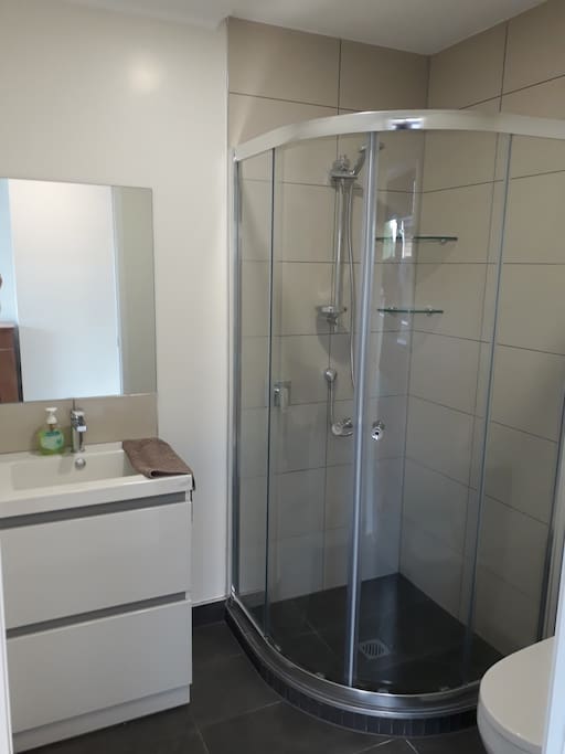 En suite bathroom with shower, vanity and toilet