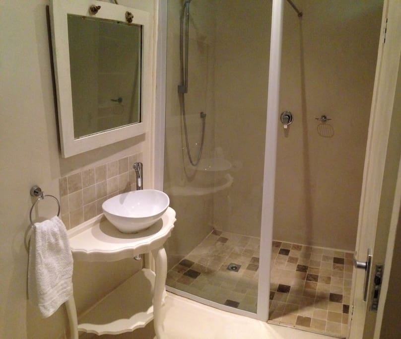 Bathroom with huge walk-in shower and nice big mirror