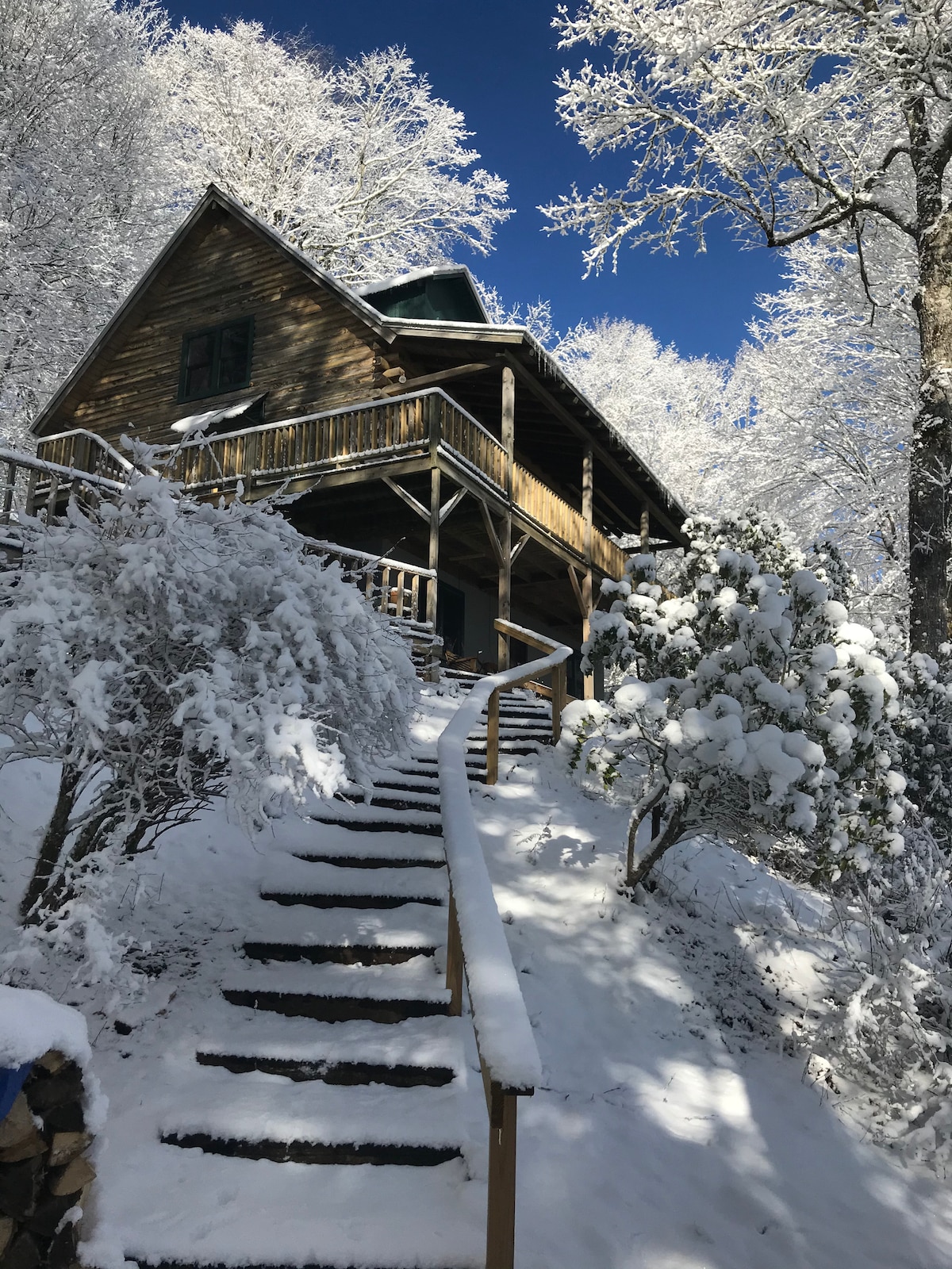 A wooden cabin is set against a backdrop of snow-covered trees and a clear blue sky. Snow blankets the steps leading up to the porch, with a sturdy railing guiding the way. Surrounding foliage is dusted with fresh snow, adding to the serene winter landscape.