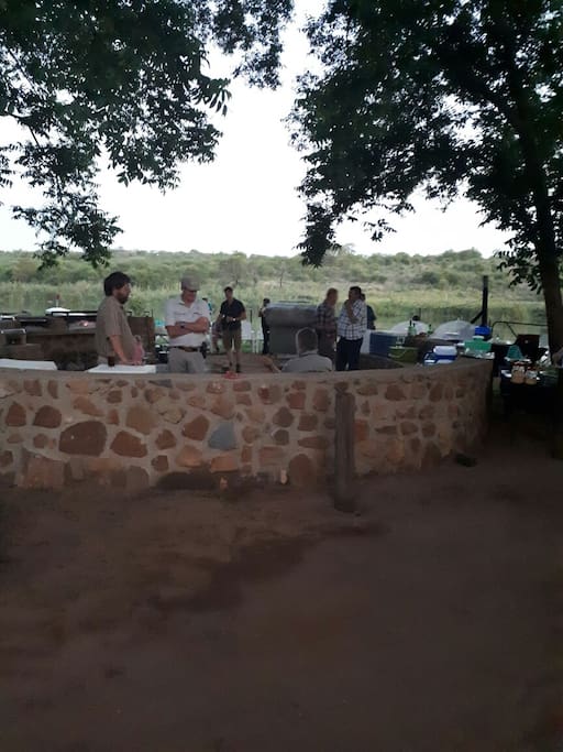 Some friends preparing for fishing and braai in the boma.