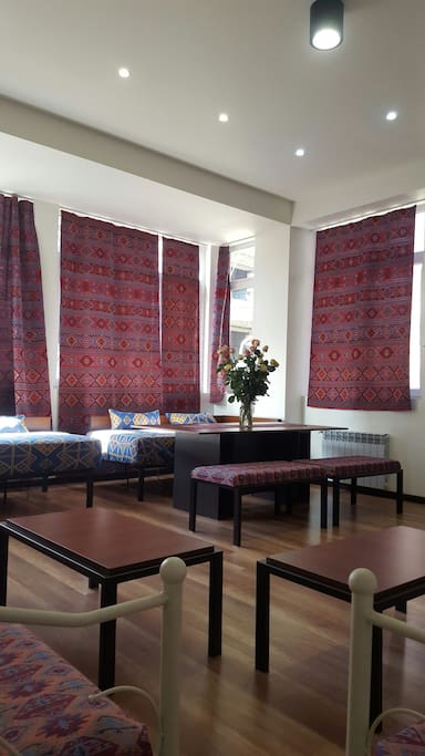 Living room with a large dining table