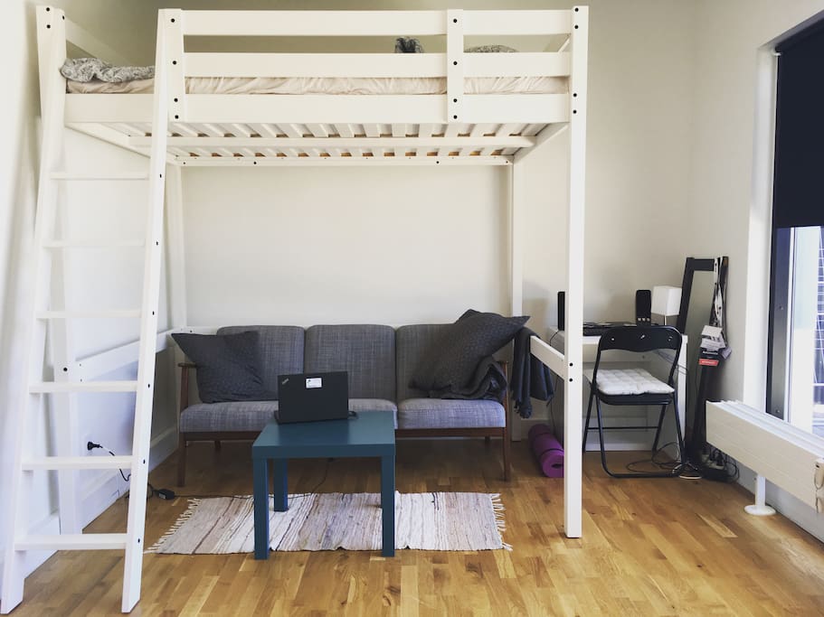 Double loft bed, comfy couch and desk
