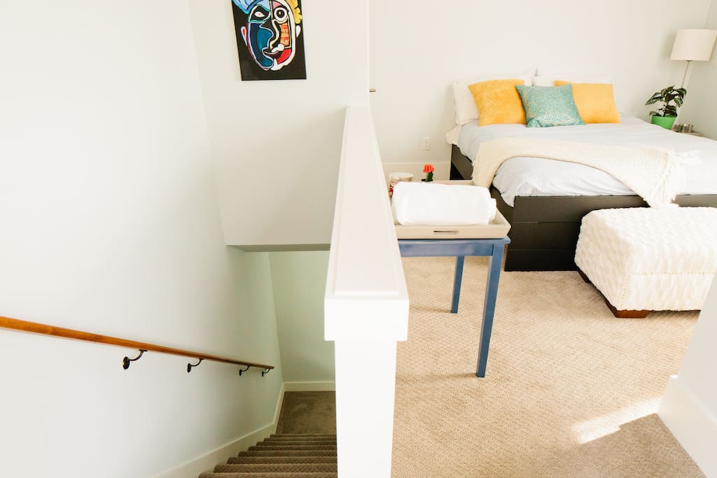 Your flat will have an upstairs sleeping area with bed and ottoman
