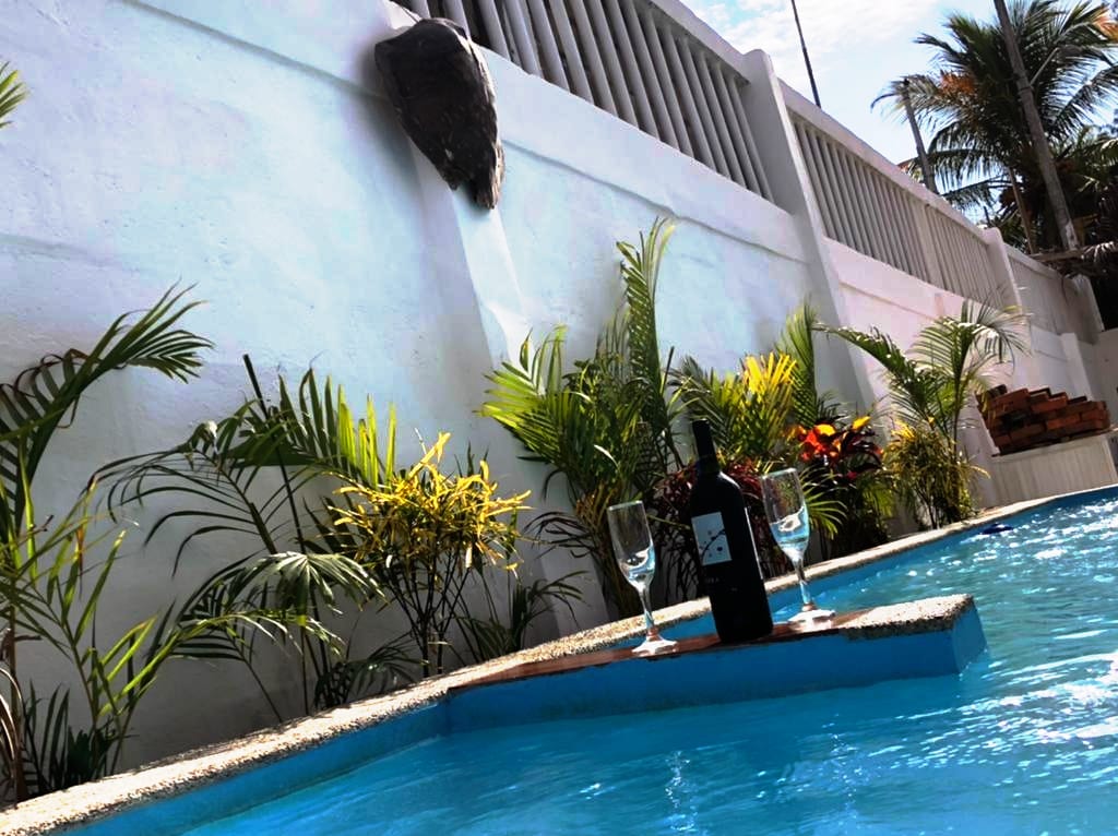 A refreshing swimming pool is framed by lush greenery, including tropical plants. Two glasses and a bottle of wine are positioned on the pool's edge, overlooking the vibrant blue water, with a white wall serving as a backdrop.