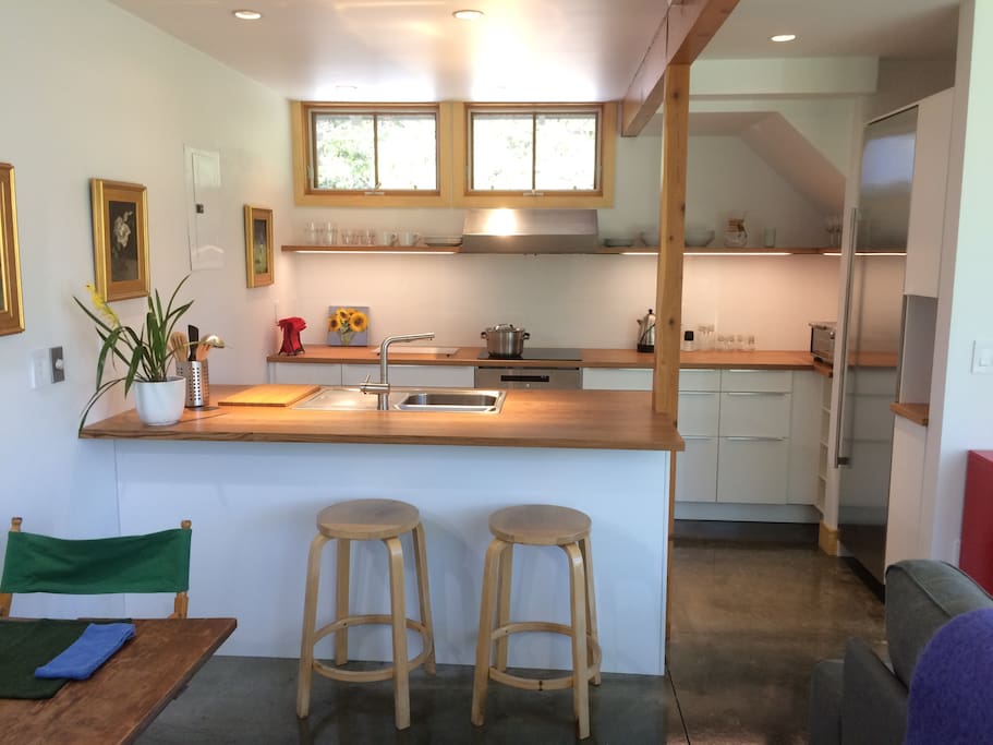 Kitchen area with induction stovetop, oven, fridge, coffee & espresso makers - plus fresh eggs from our chickens.