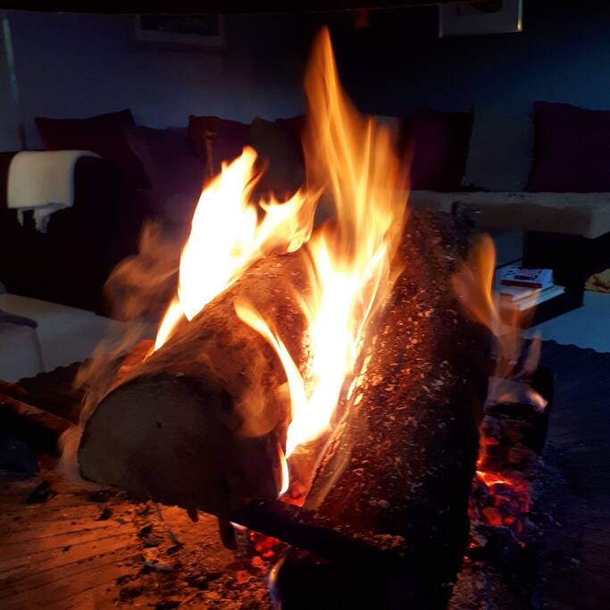 le bonheur de se réchauffer près d'un feu de cheminée en hiver...