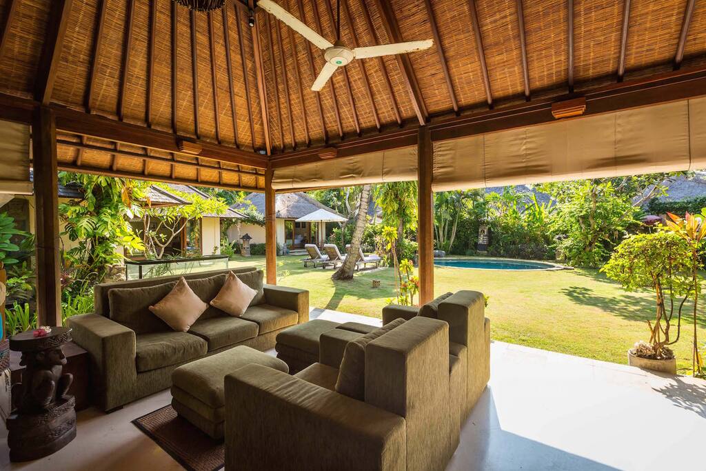 Open air sitting room with TV.