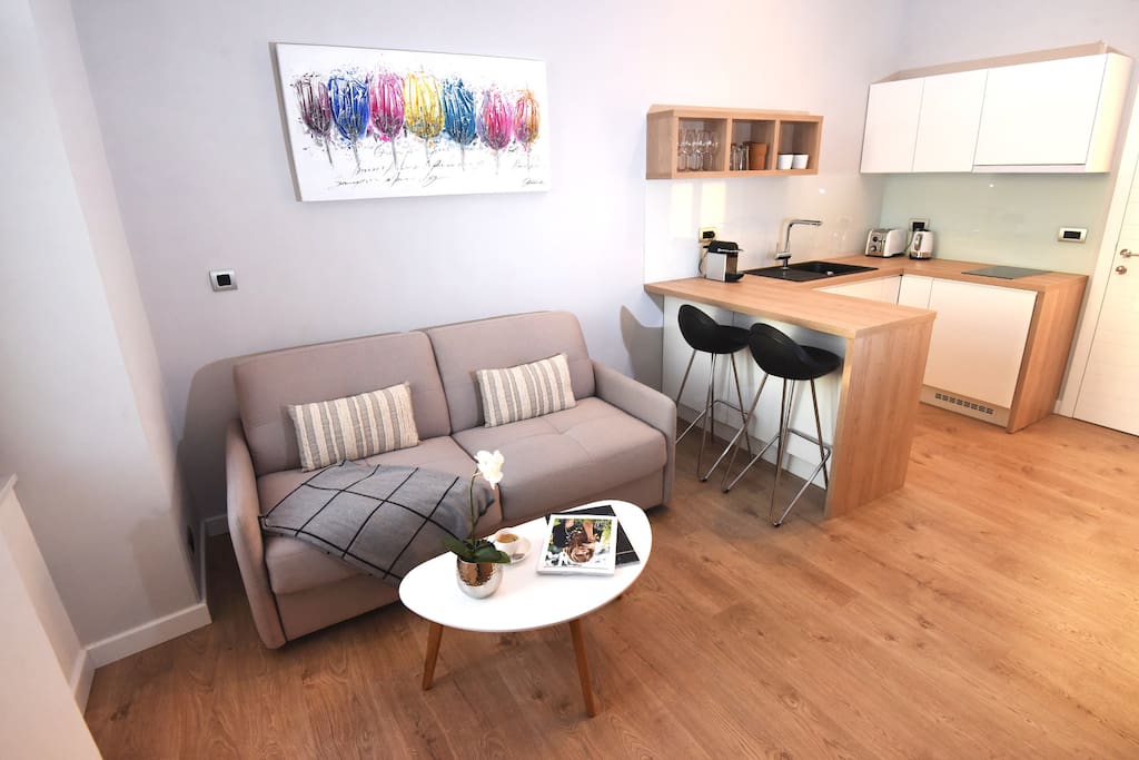 Studio Living Area and Kitchen