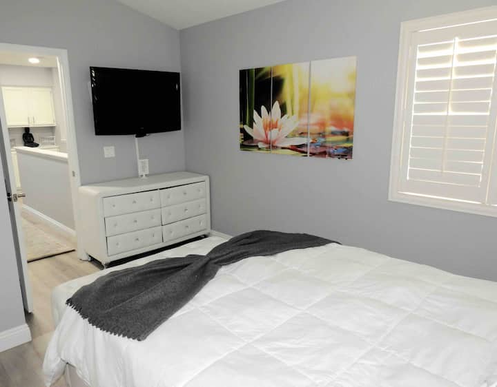 Спална соба 3 со голем паметен телевизор, луксузен брачен кревет (широк 150-179 см) и дополнителен кревет (широк 180-179 см) ако е потребно. И бањата е поврзана!