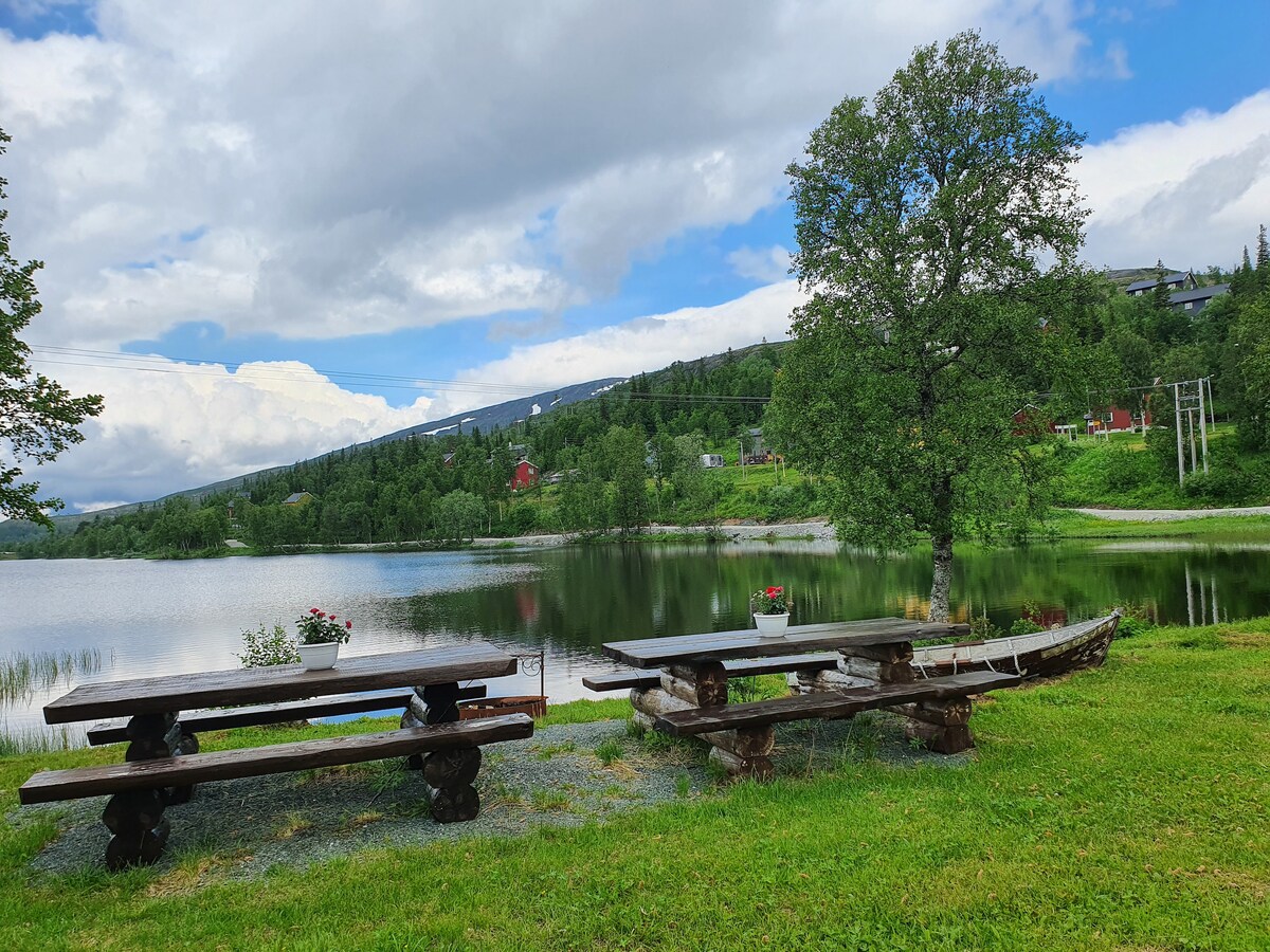 Two rustic picnic tables made of wood are positioned on a grassy area facing a tranquil lake. Flower pots rest on each table, while lush greenery surrounds the shoreline. The background features a gently sloping hill lined with houses under a partly cloudy sky.