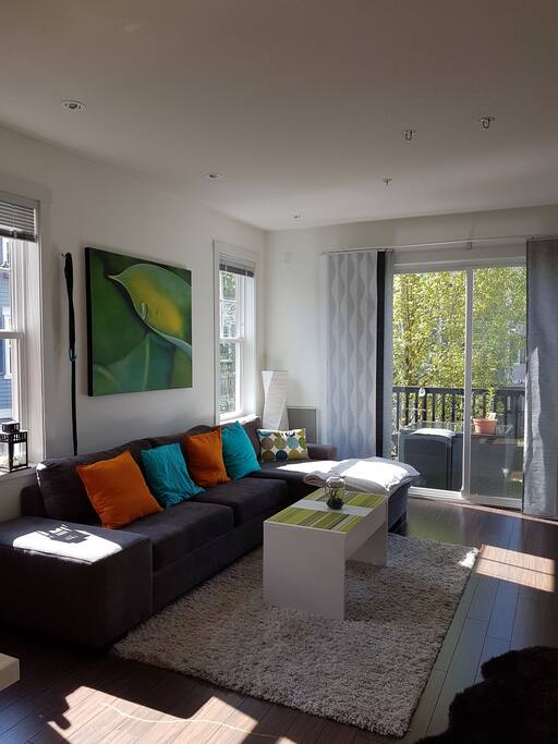 Cozy living room with electric fire place, hammock and swing.