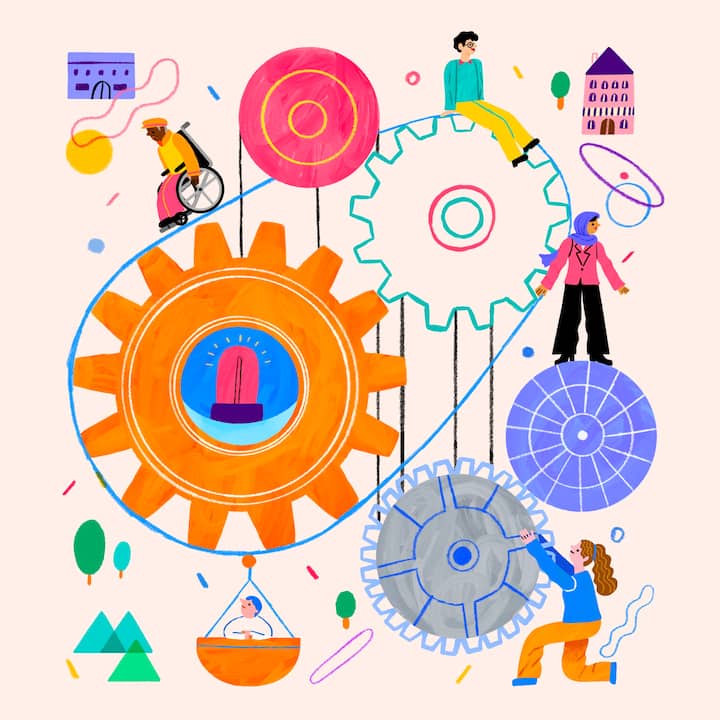 Colourful illustration depicting people in different travel scenarios