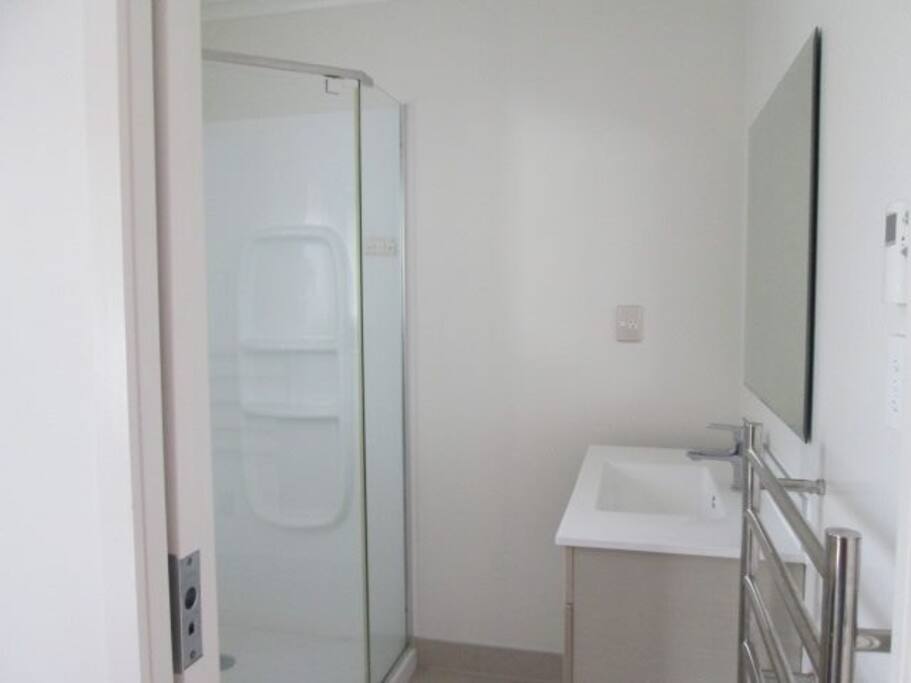 big barthroom with shower and toliet