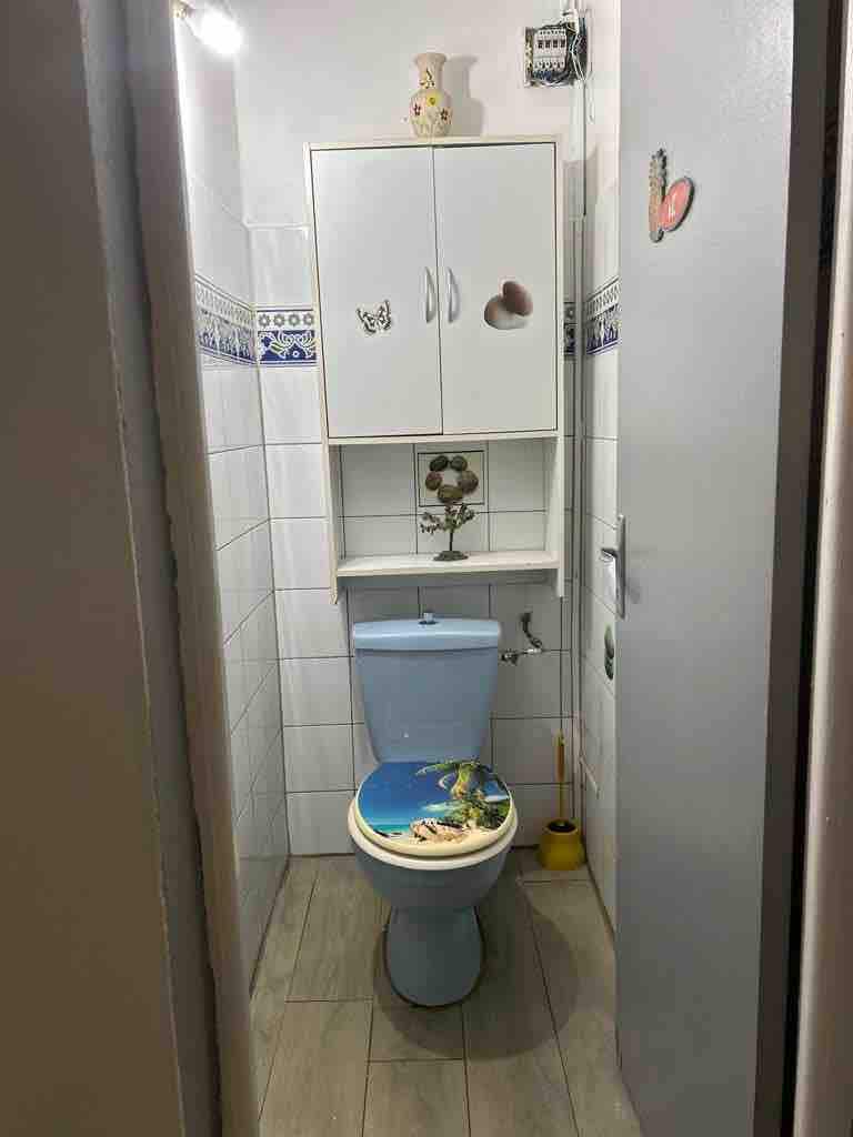 A compact bathroom is depicted, featuring white tiled walls with decorative accents. A light blue toilet is positioned against the wall, topped with a colorful seat cover. A storage cabinet is mounted above the toilet, complemented by a small shelf showcasing decorative items.