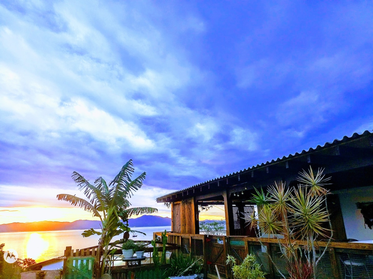 A wooden deck extends from the cabin, surrounded by greenery and tropical plants. The sunset casts warm hues across the sky, illuminating the tranquil waters. The structure features an open design with large windows, inviting the natural landscape into the space.