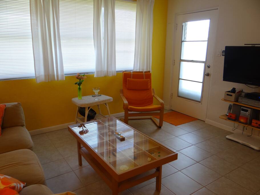 The living room is a colorful, fun, relaxing space.