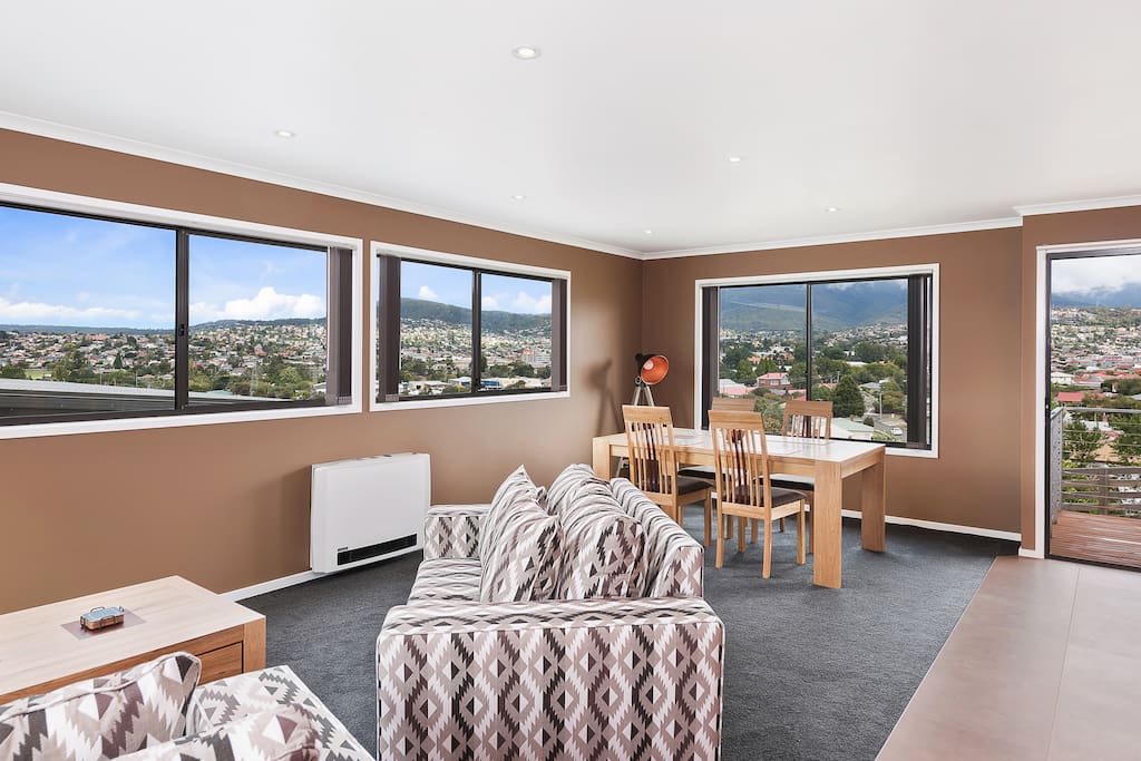 Chestnut has a Tas Oak dining table with views to Mt. Wellington.