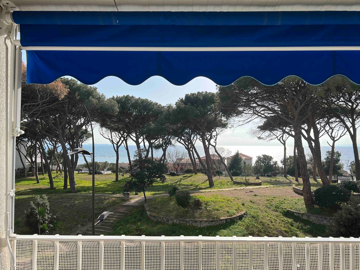 A view from the balcony showcases a lush green landscape with tall trees and a glimpse of the sea in the background. The blue awning frames the scene, providing shade and enhancing the outdoor ambiance.